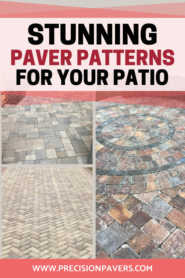 Different paver patio designs and patterns including herringbone and circular patio